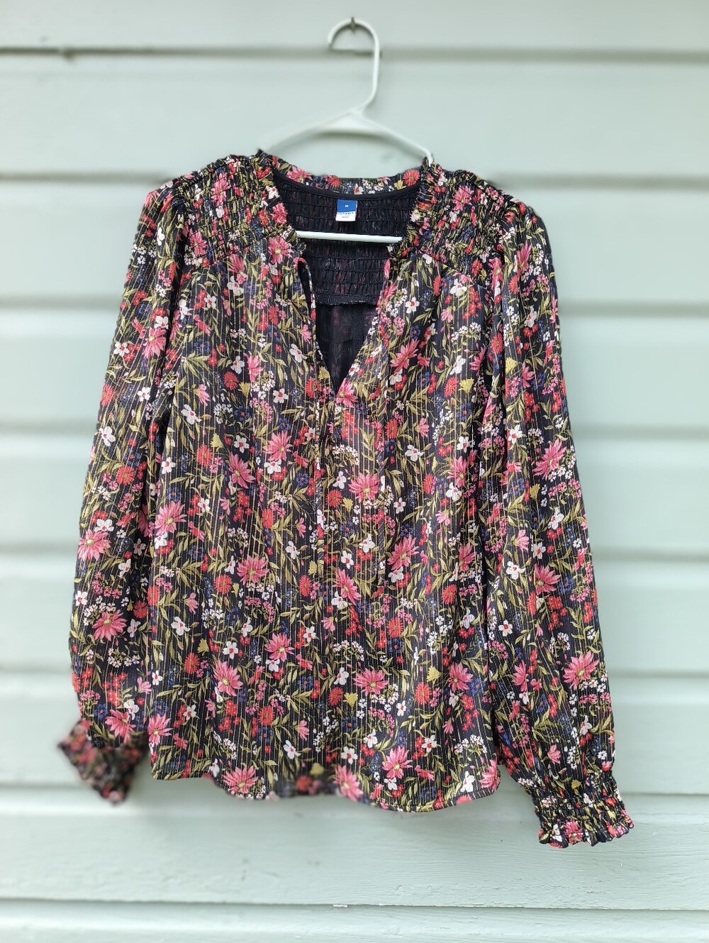 Shimmery Floral Smocked Yoke Long-Sleeve Blouse